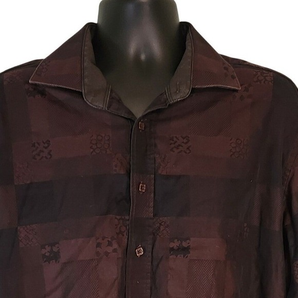 BUGATCHI Long Sleeve Button Up Dress Shirt Brown Checkered Patterned‎ Mens 2XL - Picture 1 of 7